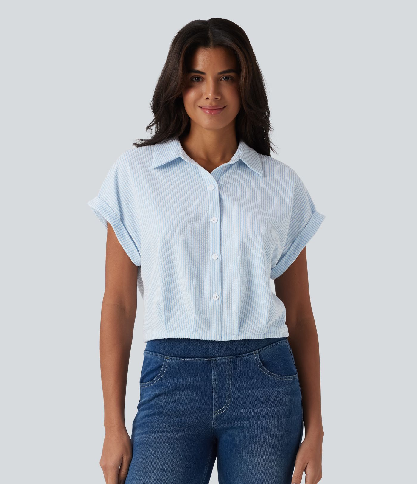 Chemise casual coton froissé à rayures col et manches chauve-souris