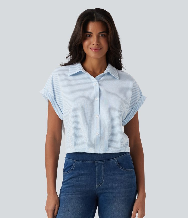 Chemise casual coton froissé à rayures col et manches chauve-souris