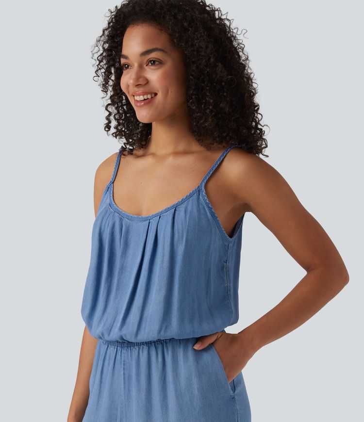 Wide Leg Denim Casual Slip Jumpsuit with Pockets