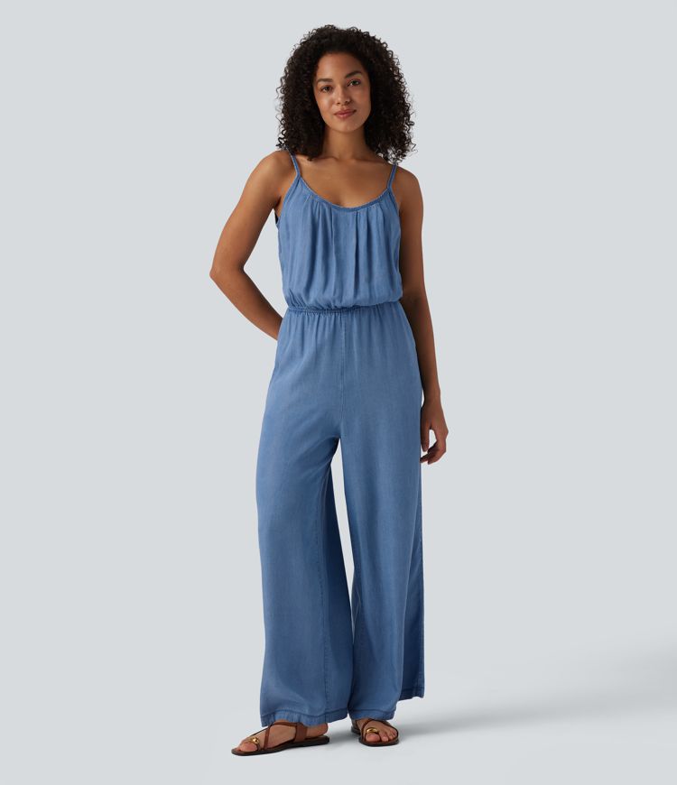 Wide Leg Denim Casual Slip Jumpsuit with Pockets