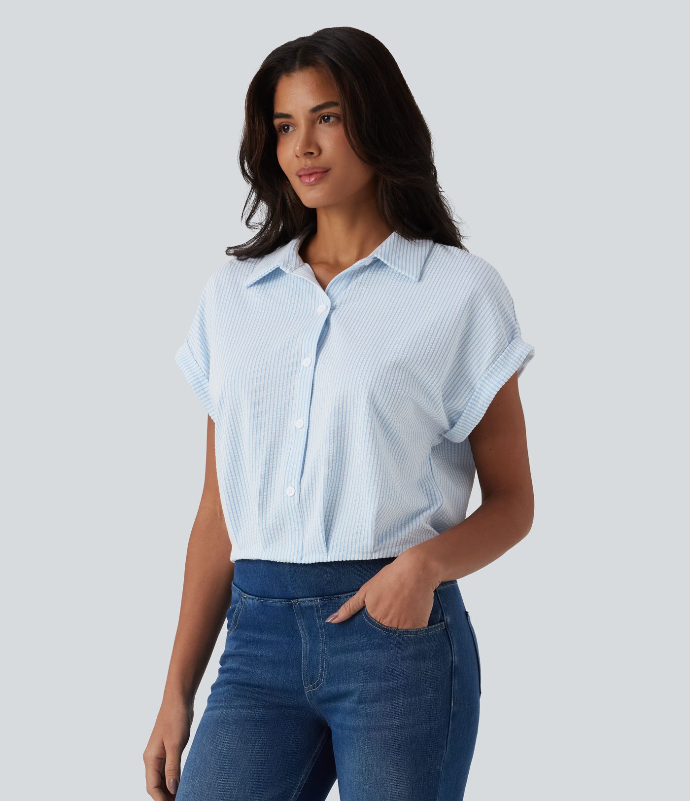 Chemise casual coton froissé à rayures col et manches chauve-souris