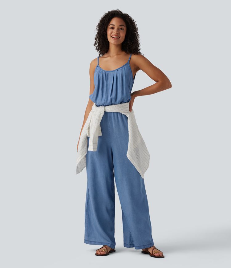 Wide Leg Denim Casual Slip Jumpsuit with Pockets