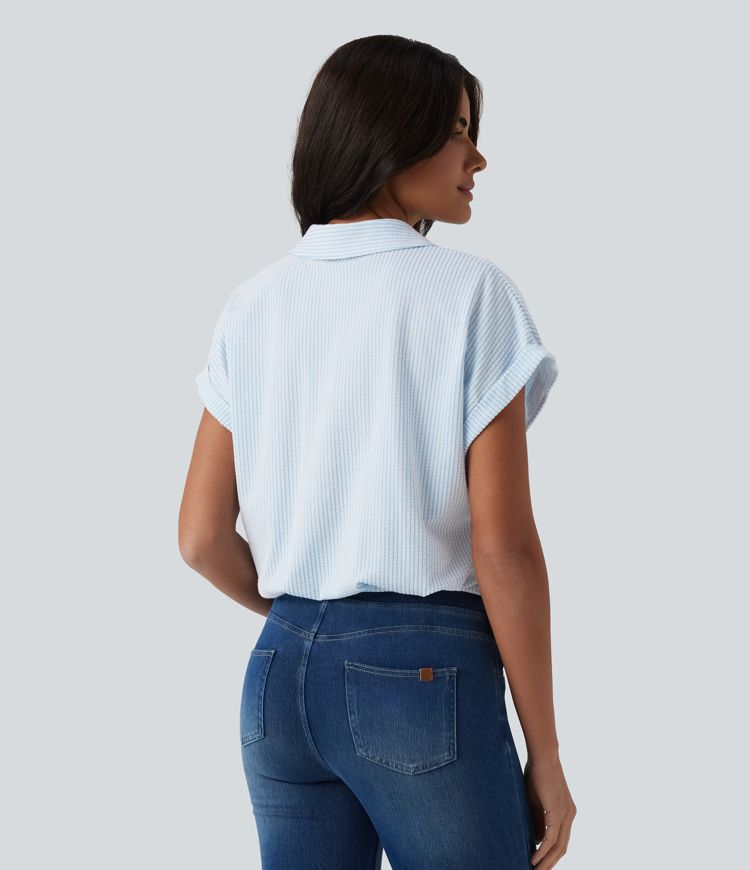 Chemise casual coton froissé à rayures col et manches chauve-souris