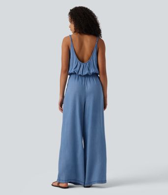 Wide Leg Denim Casual Slip Jumpsuit with Pockets
