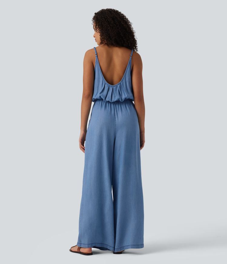 Wide Leg Denim Casual Slip Jumpsuit with Pockets