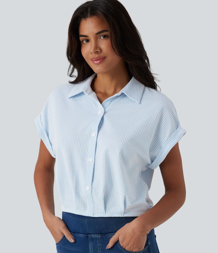 Chemise casual coton froissé à rayures col et manches chauve-souris