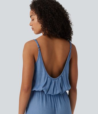 Wide Leg Denim Casual Slip Jumpsuit with Pockets