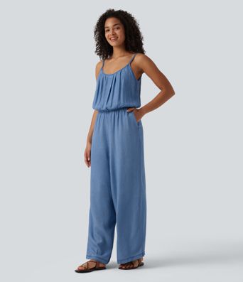 Wide Leg Denim Casual Slip Jumpsuit with Pockets