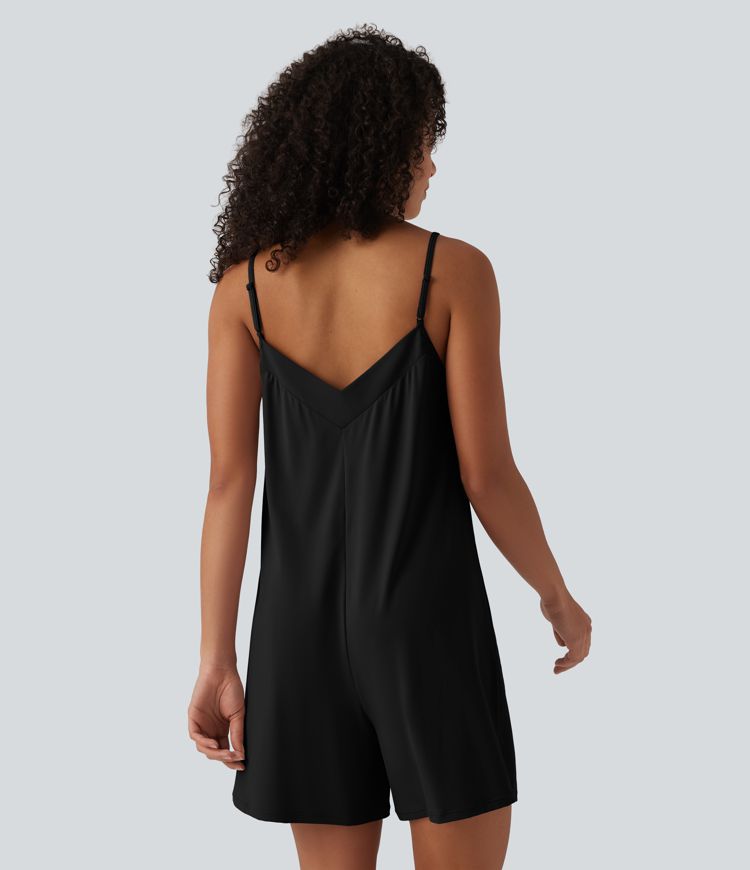 V Neck Casual Slip Romper with Pockets
