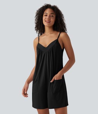 V Neck Casual Slip Romper with Pockets