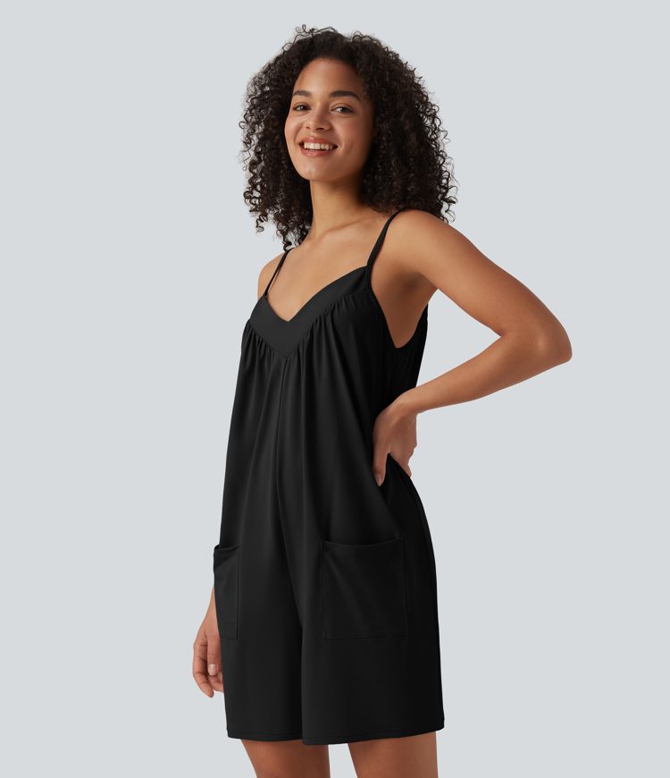 V Neck Casual Slip Romper with Pockets