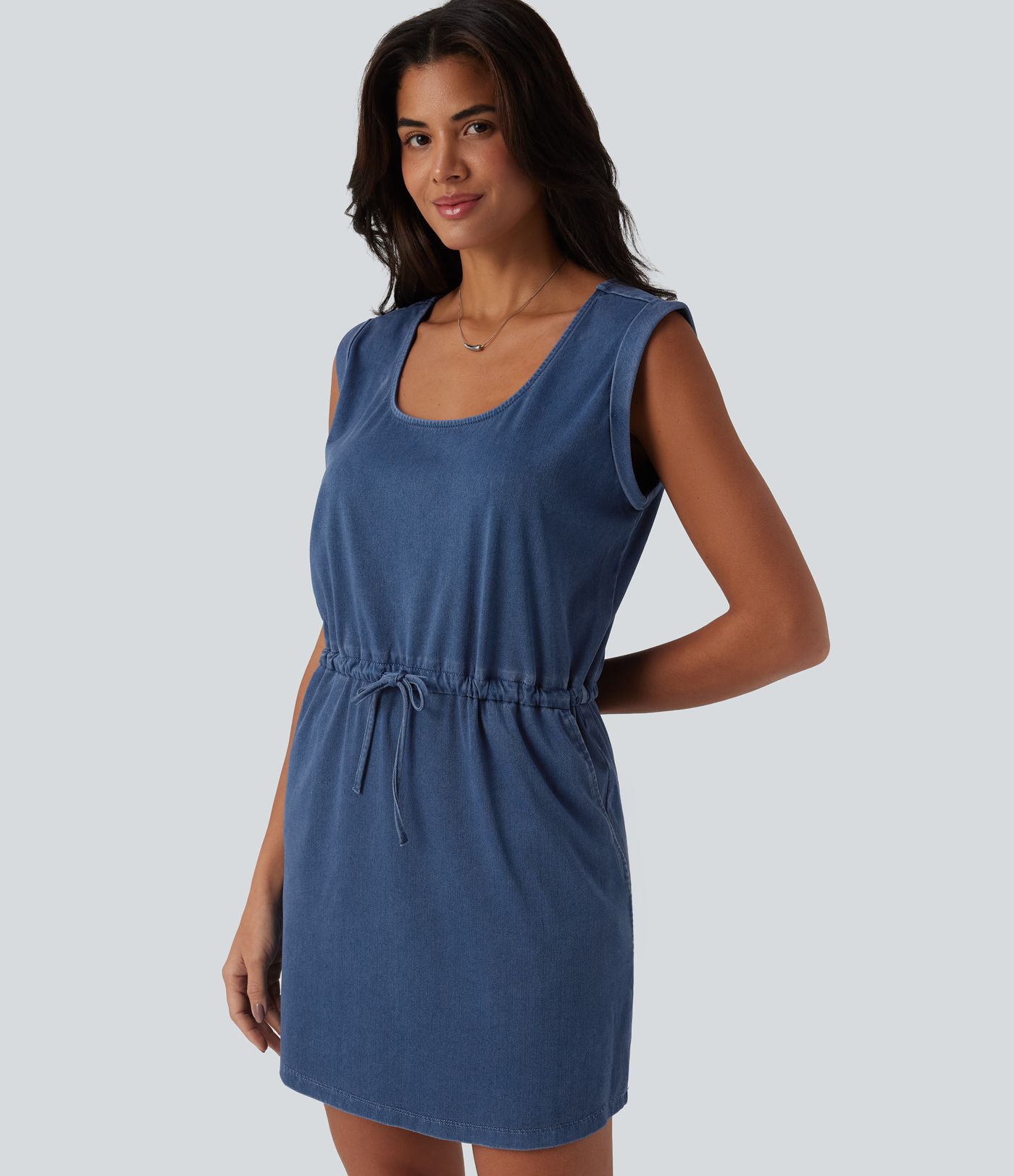 Halara Flex™ U-Neck Sleeveless Drawstring Mini Draped Denim Casual Dress with Pockets