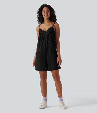 V Neck Casual Slip Romper with Pockets