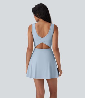 Softlyzero™ Airy Backless Crisscross U Neck 2-in-1 Side Pocket Mini Cool Touch Dance Active Dress-Easy Peezy