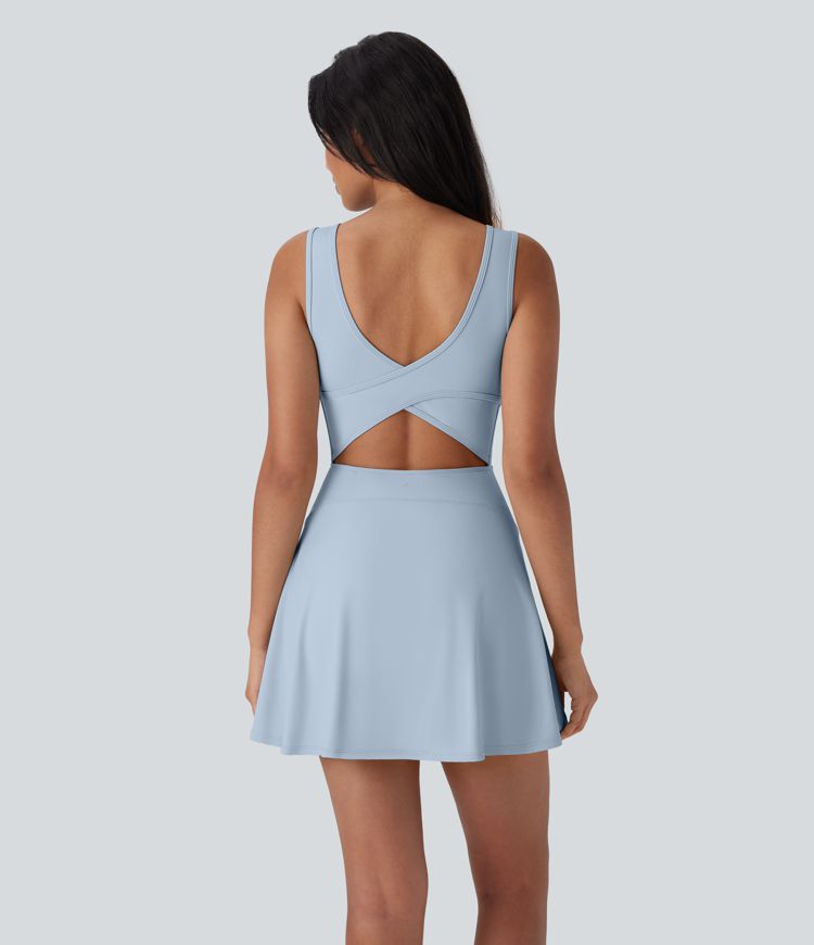 Softlyzero™ Airy Backless Crisscross U Neck 2-in-1 Side Pocket Mini Cool Touch Dance Active Dress-Easy Peezy