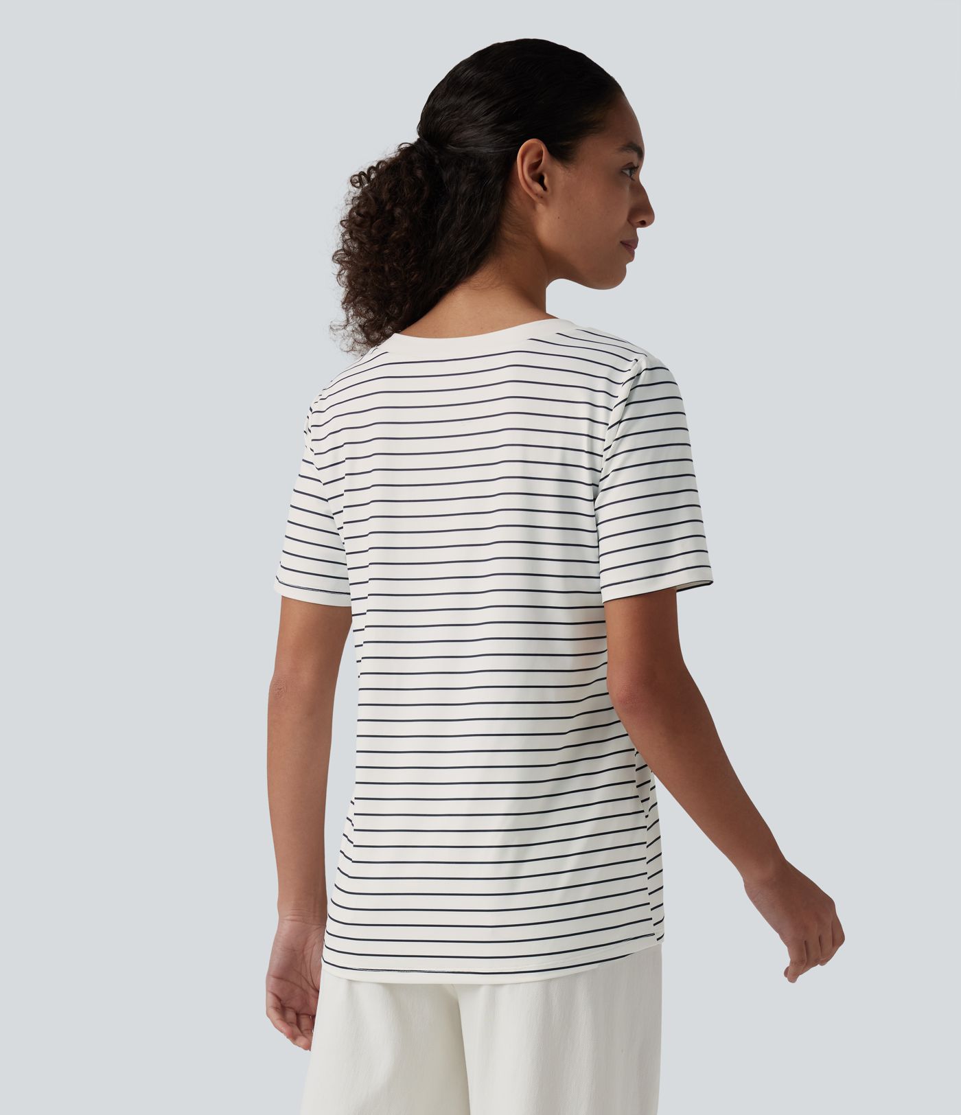 V Neck Short Sleeve Stripe Casual T-Shirt