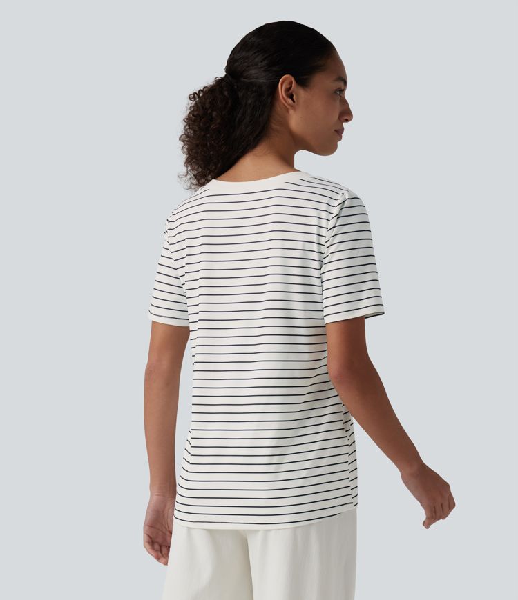 V Neck Short Sleeve Stripe Casual T-Shirt