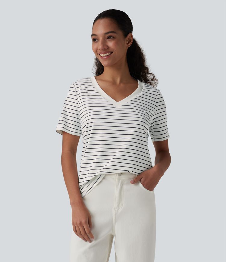 V Neck Short Sleeve Stripe Casual T-Shirt