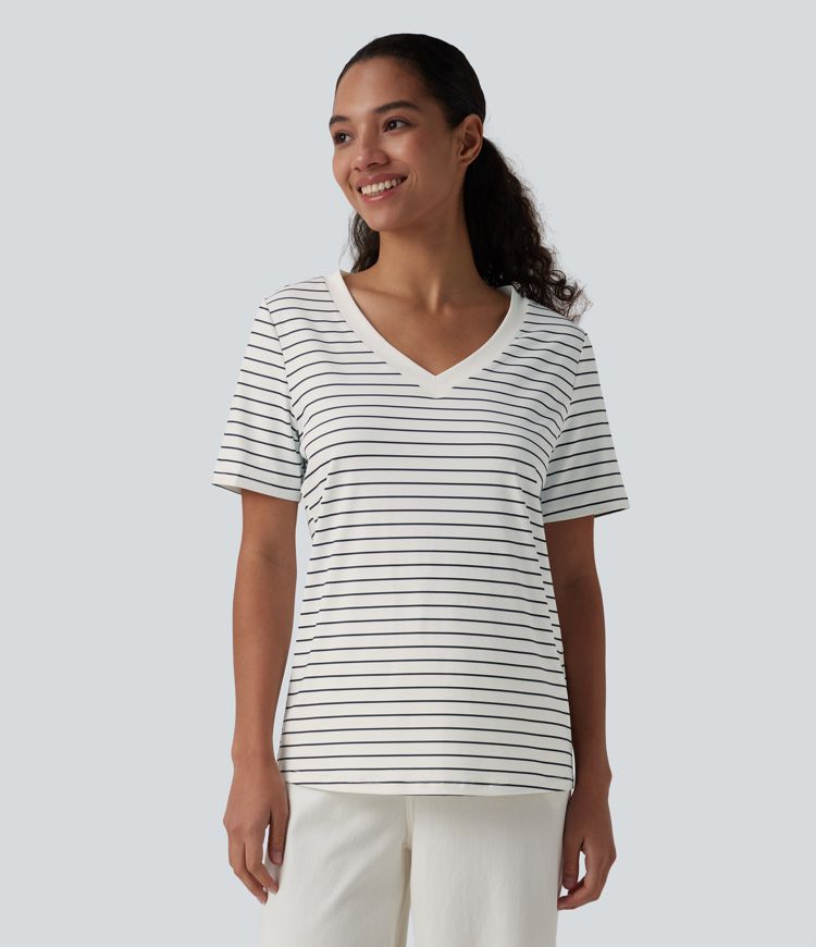V Neck Short Sleeve Stripe Casual T-Shirt