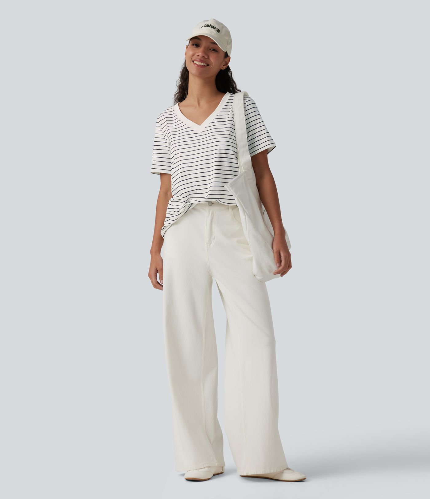 V Neck Short Sleeve Stripe Casual T-Shirt