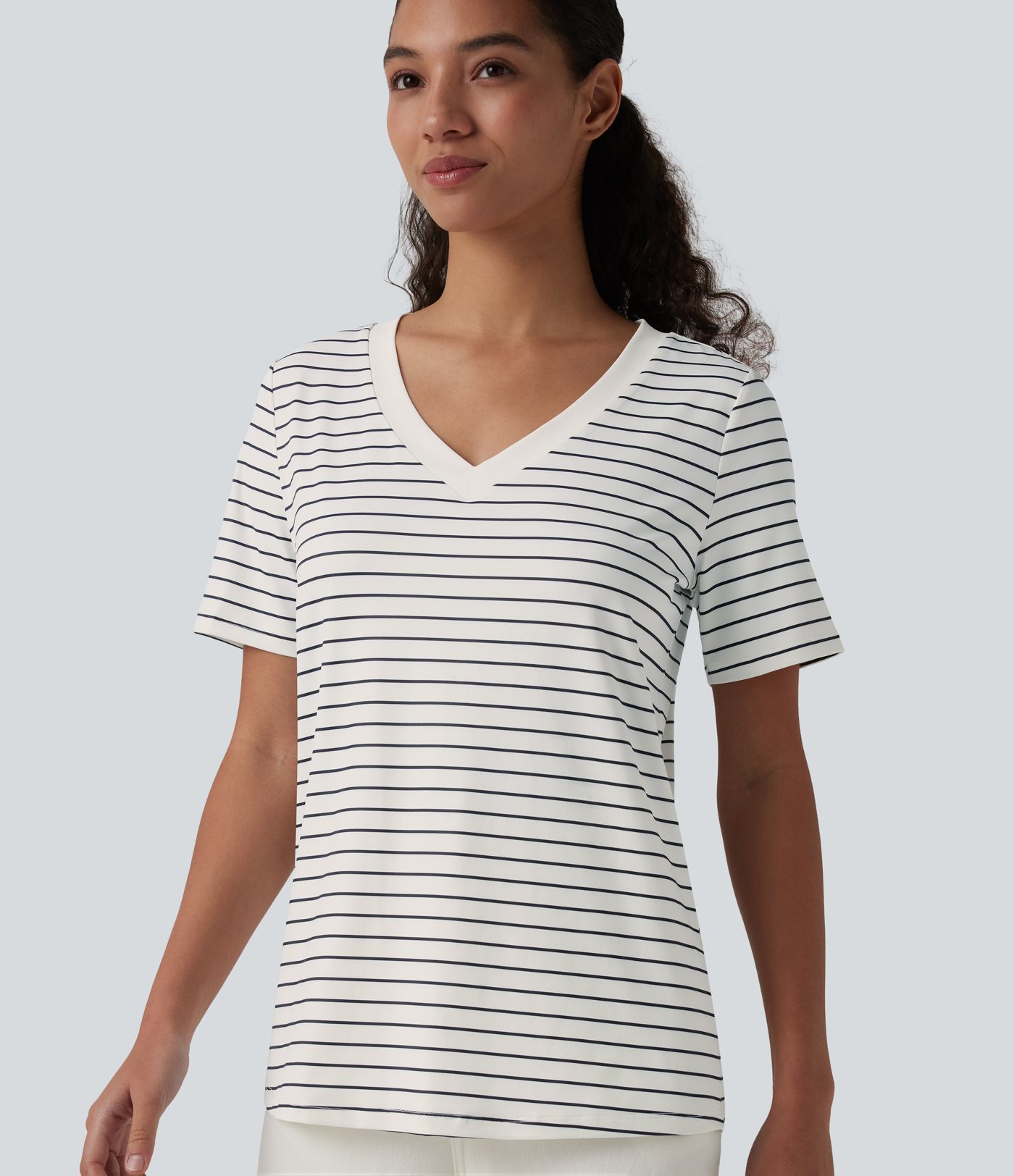 V Neck Short Sleeve Stripe Casual T-Shirt