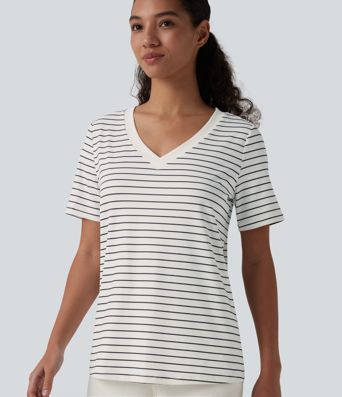 V Neck Short Sleeve Stripe Casual T-Shirt