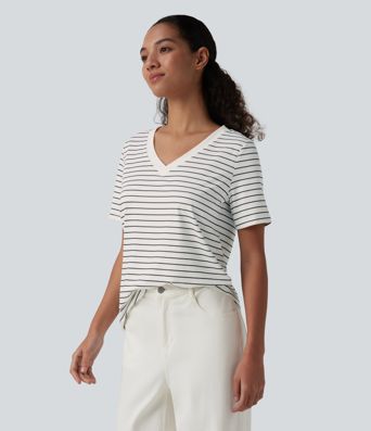 V Neck Short Sleeve Stripe Casual T-Shirt