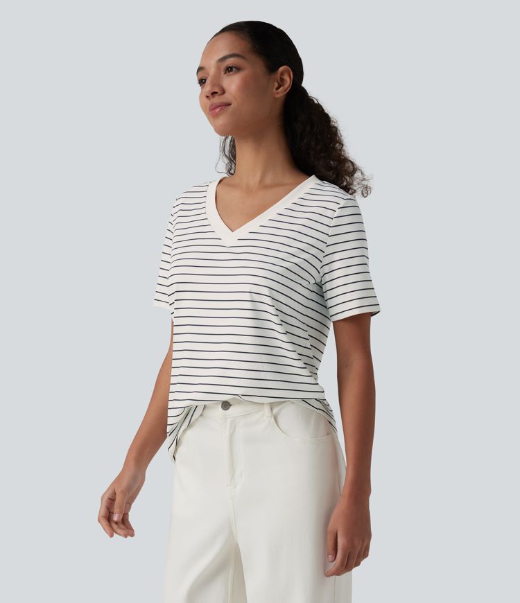V Neck Short Sleeve Stripe Casual T-Shirt
