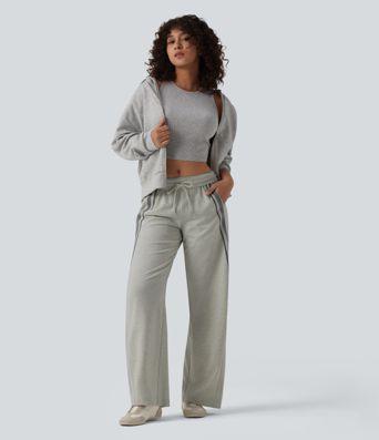 Mid Rise Inner Drawstring Wide Leg Color Block Casual Sweatpants with Pockets