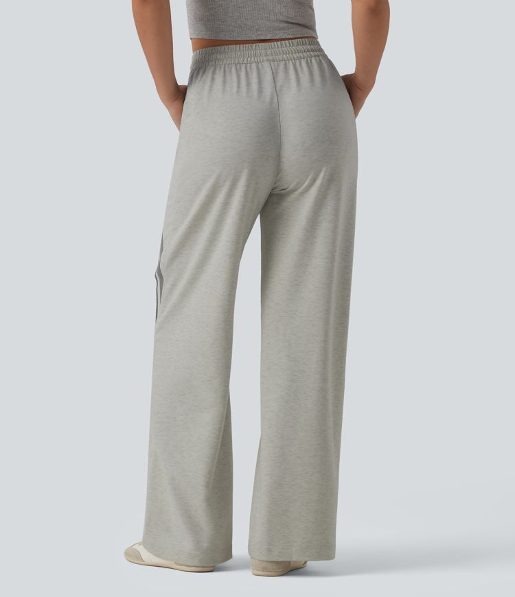 Mid Rise Inner Drawstring Wide Leg Color Block Casual Sweatpants with Pockets