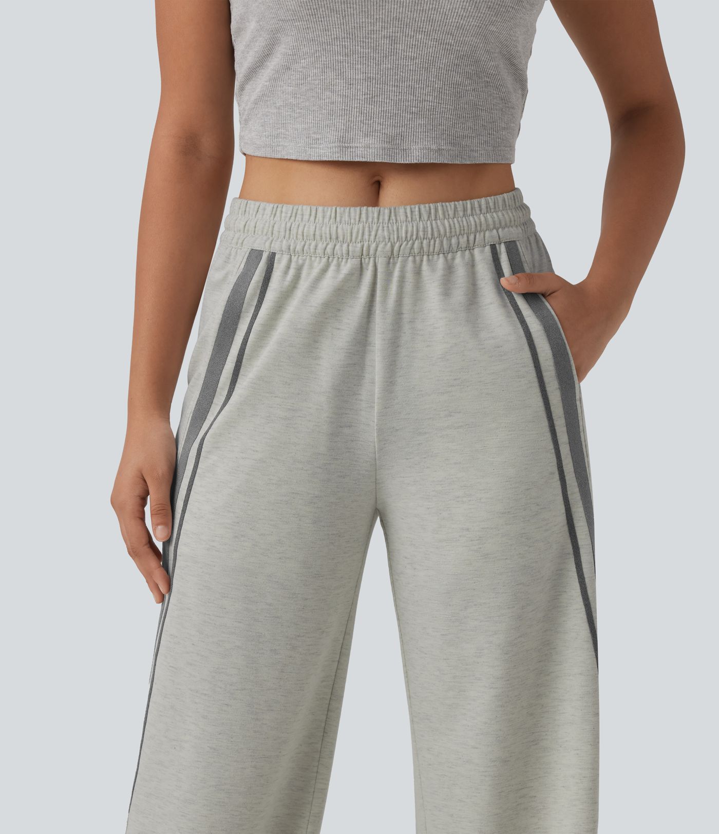 Mid Rise Inner Drawstring Wide Leg Color Block Casual Sweatpants with Pockets