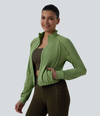 Breezeful™ Long Sleeve Zipper Elastic Hem Quick Dry Workout Jacket with Pockets