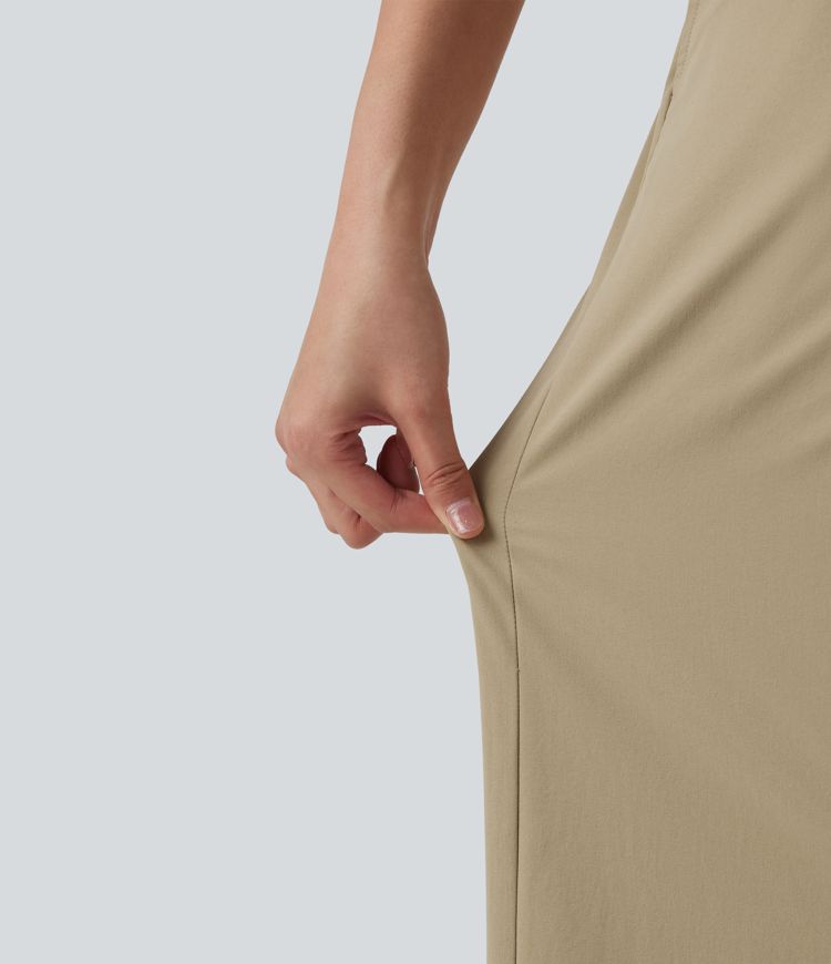 Ležerne poplinske hlače visokog struka, ravnog kroja i rastezljive, s džepovima