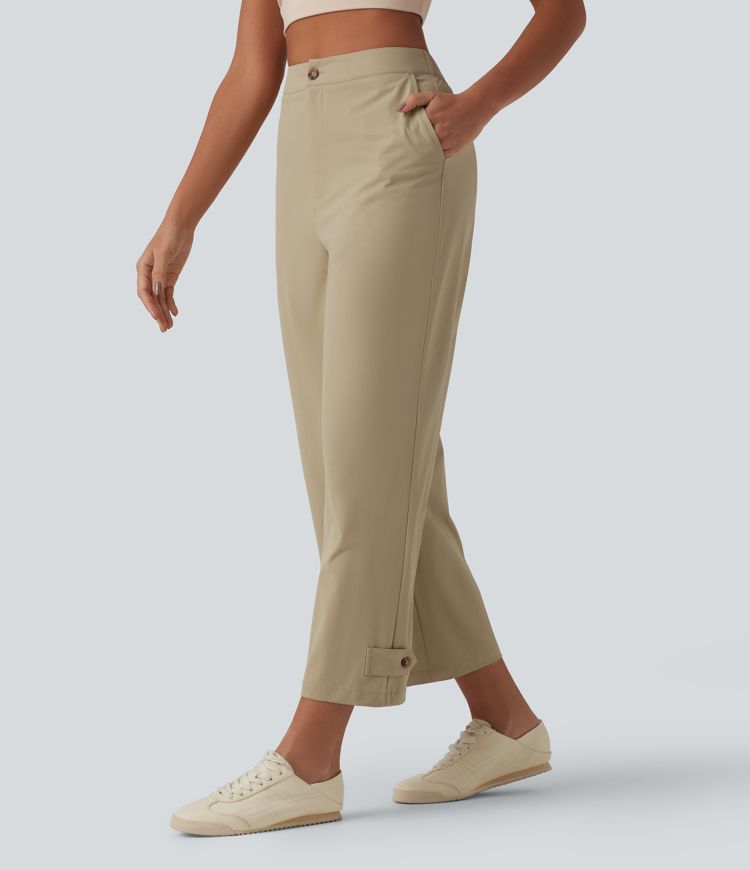 Ležerne poplinske hlače visokog struka, ravnog kroja i rastezljive, s džepovima