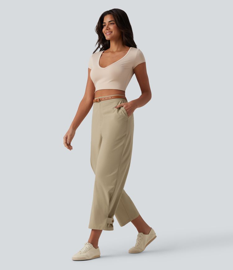 Ležerne poplinske hlače visokog struka, ravnog kroja i rastezljive, s džepovima