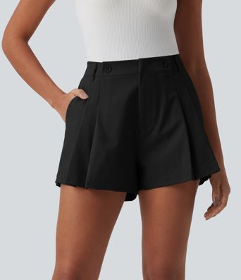 Mid Rise Pleated Stretchy Poplin Casual Shorts 3'' with Pockets