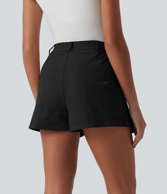 Mid Rise Pleated Stretchy Poplin Casual Shorts 3'' with Pockets