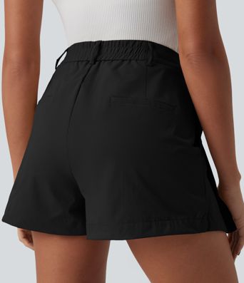 Mid Rise Pleated Stretchy Poplin Casual Shorts 3'' with Pockets
