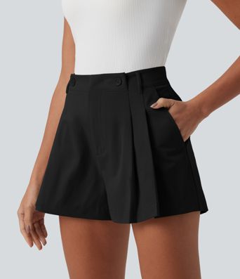 Mid Rise Pleated Stretchy Poplin Casual Shorts 3'' with Pockets