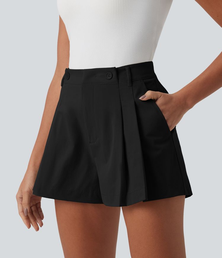 Mid Rise Pleated Stretchy Poplin Casual Shorts 3'' with Pockets