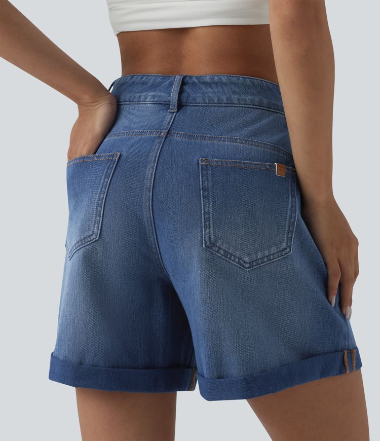 Halara Flex™ High Waisted Rolled Hem Denim Casual Baggy Shorts with Pockets