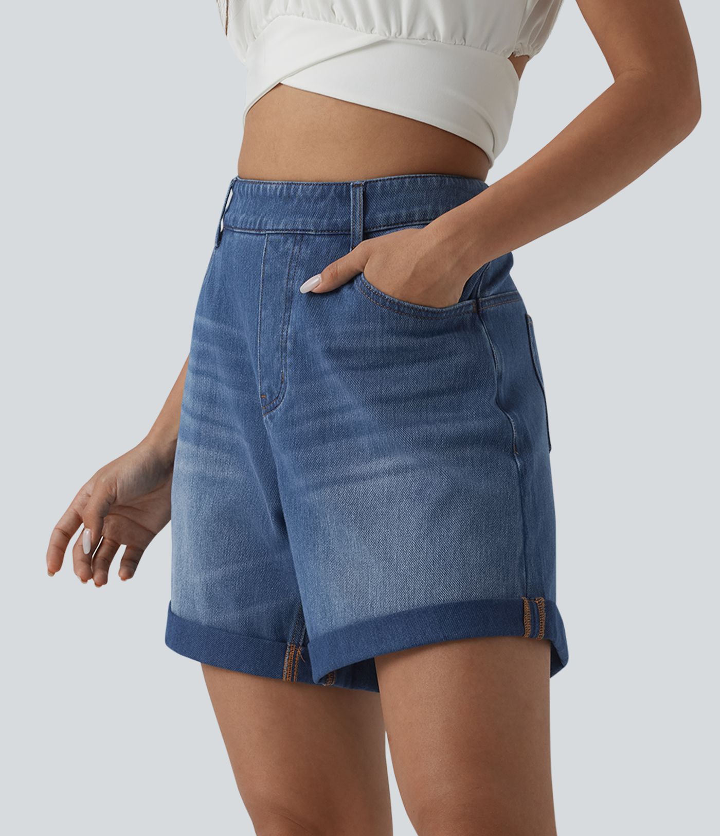 Halara Flex™ High Waisted Rolled Hem Denim Casual Baggy Shorts with Pockets