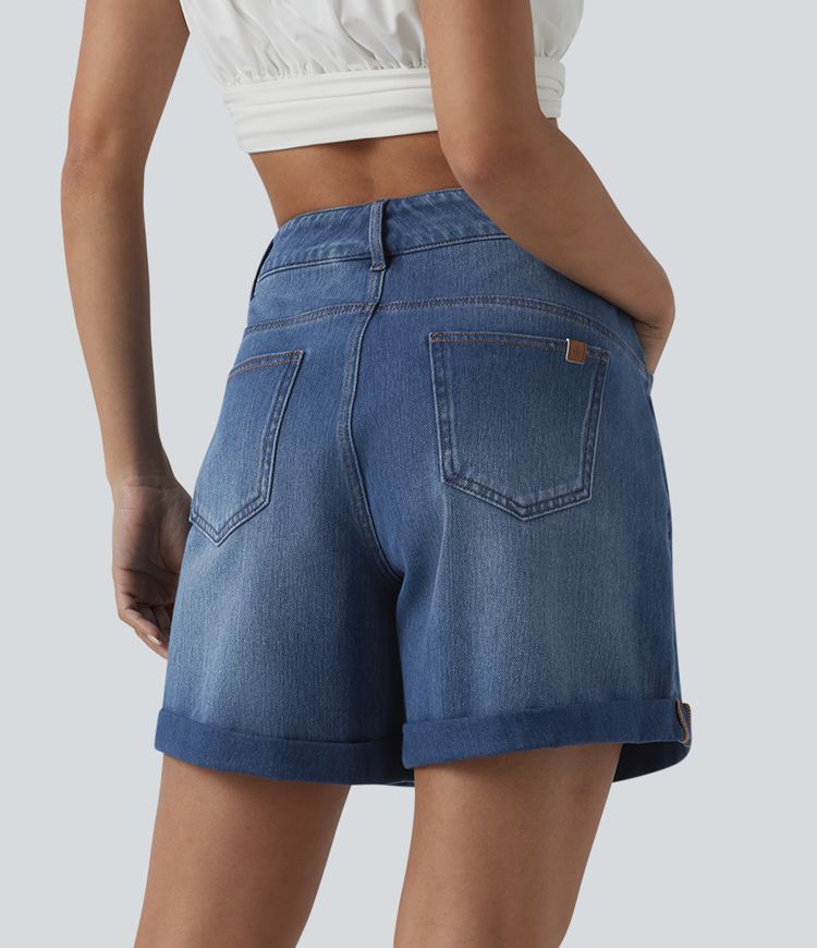 Halara Flex™ High Waisted Rolled Hem Denim Casual Baggy Shorts with Pockets