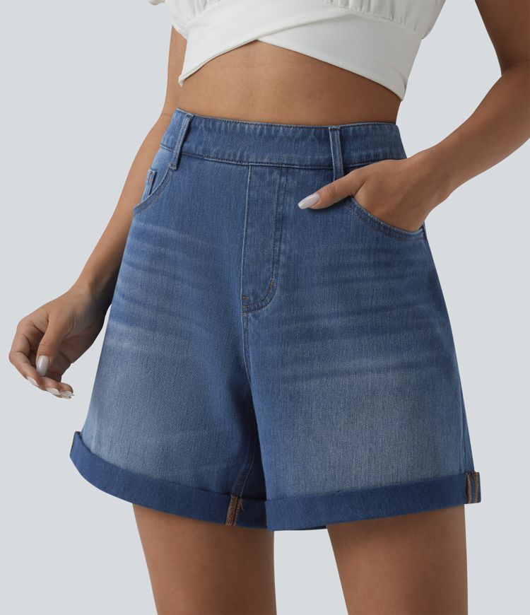 Halara Flex™ High Waisted Rolled Hem Denim Casual Baggy Shorts with Pockets