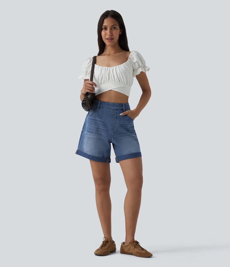 Halara Flex™ High Waisted Rolled Hem Denim Casual Baggy Shorts with Pockets