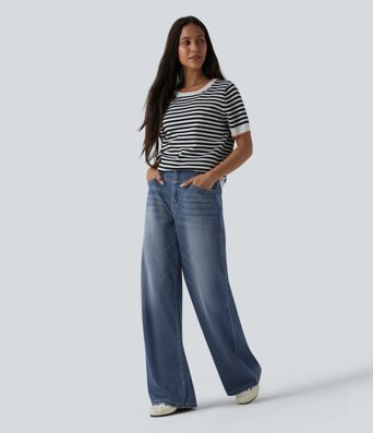 Halara Flex™ High Waisted Wide Leg Washed Casual Jeans with Pockets