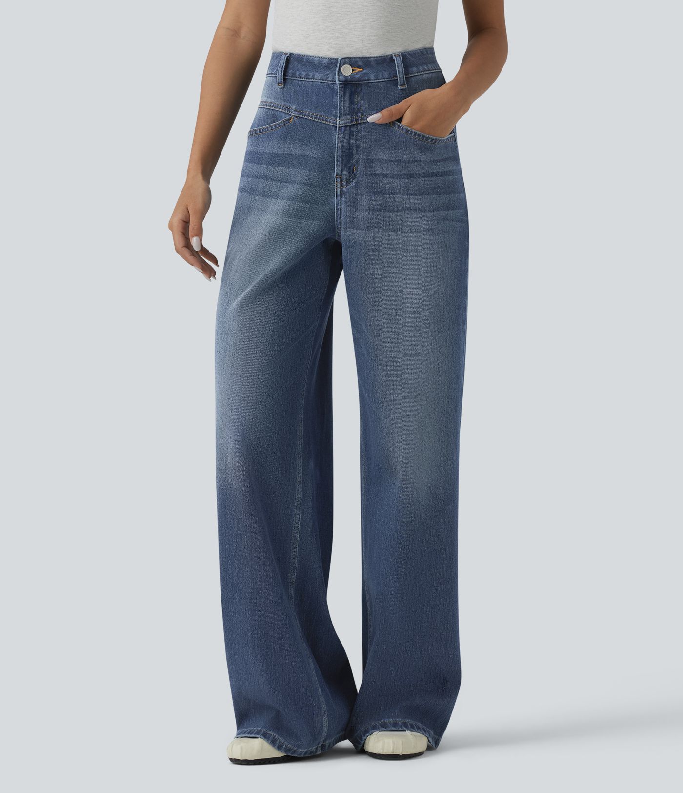 Halara Flex™ High Waisted Wide Leg Washed Casual Jeans with Pockets