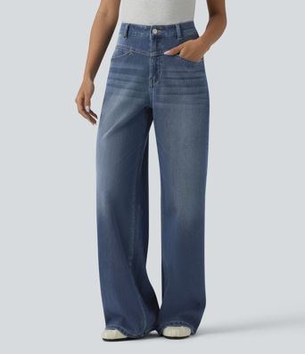 Halara Flex™ High Waisted Wide Leg Washed Casual Jeans with Pockets
