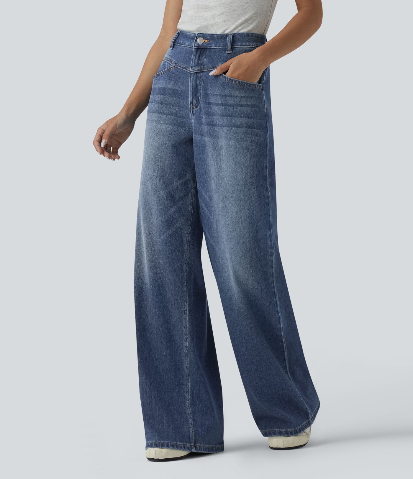 Halara Flex™ High Waisted Wide Leg Washed Casual Jeans with Pockets