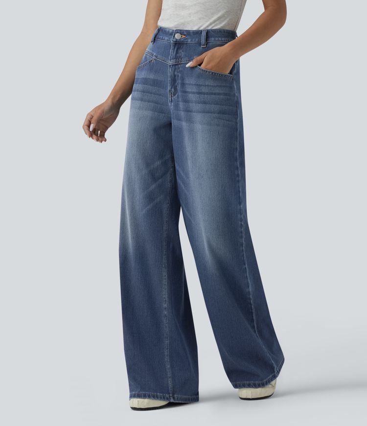 Halara Flex™ High Waisted Wide Leg Washed Casual Jeans with Pockets
